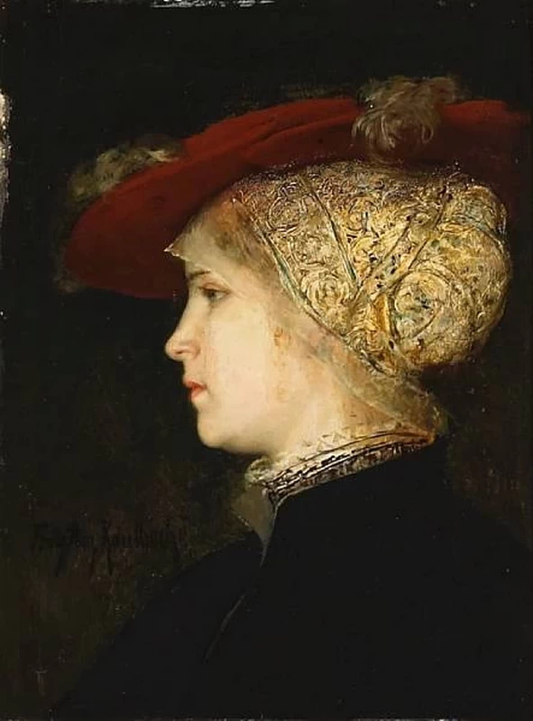 Un ritratto di una giovane donna di profilo con un cappello rosso
